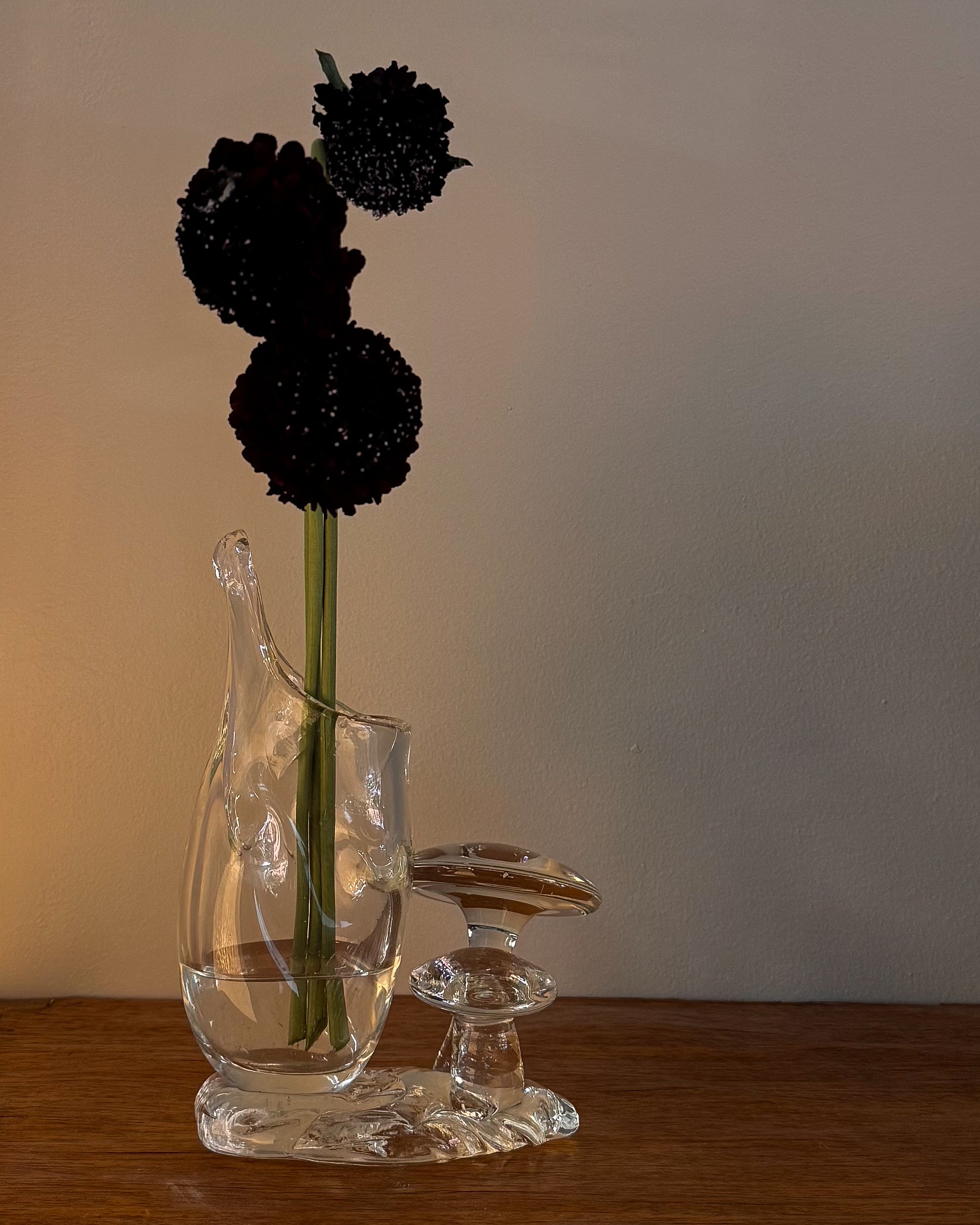 Clear art glass handblown vase with mushrooms