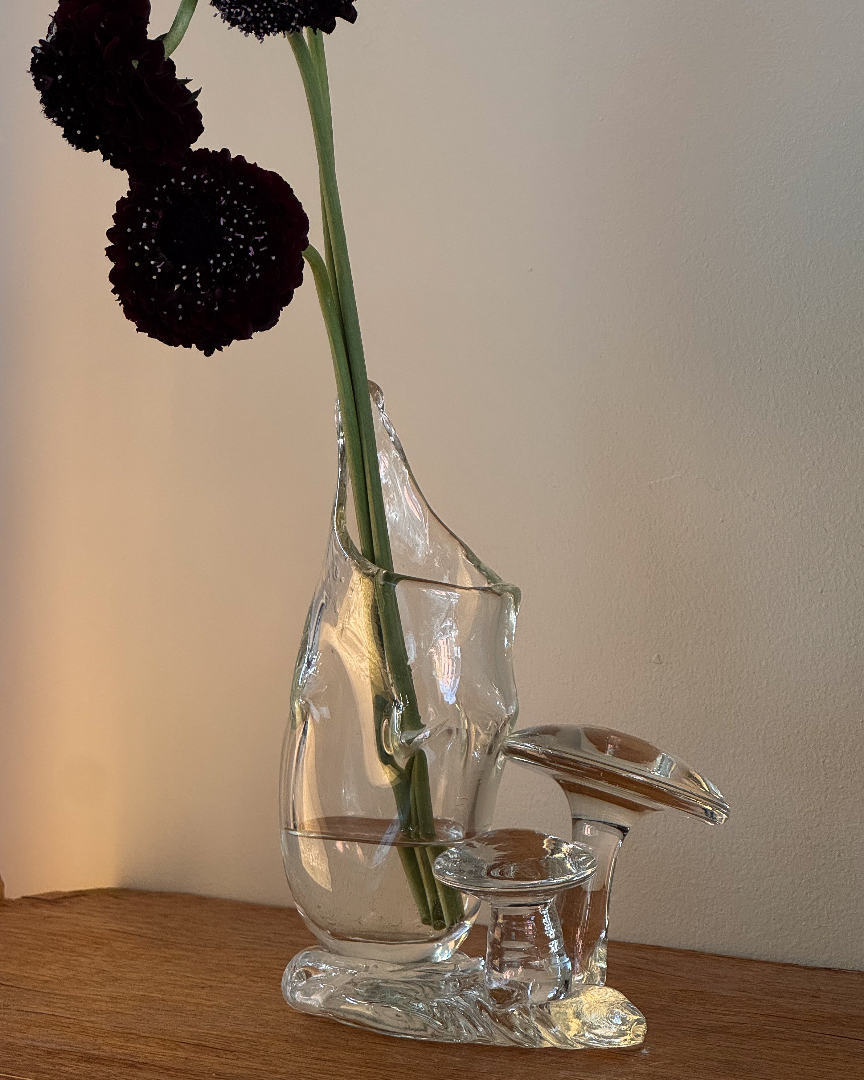 Clear art glass handblown vase with mushrooms