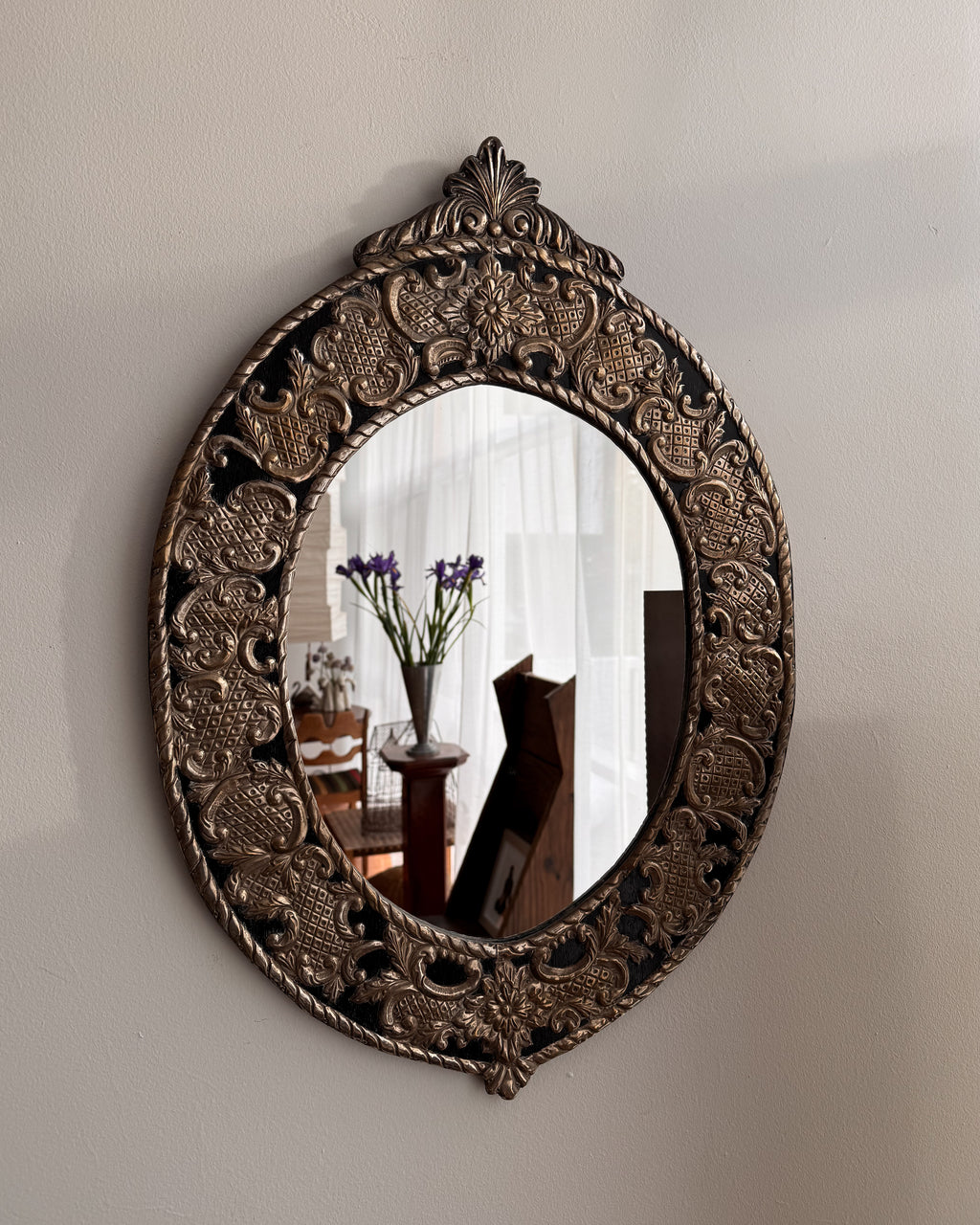Punched tin wooden wall mirror