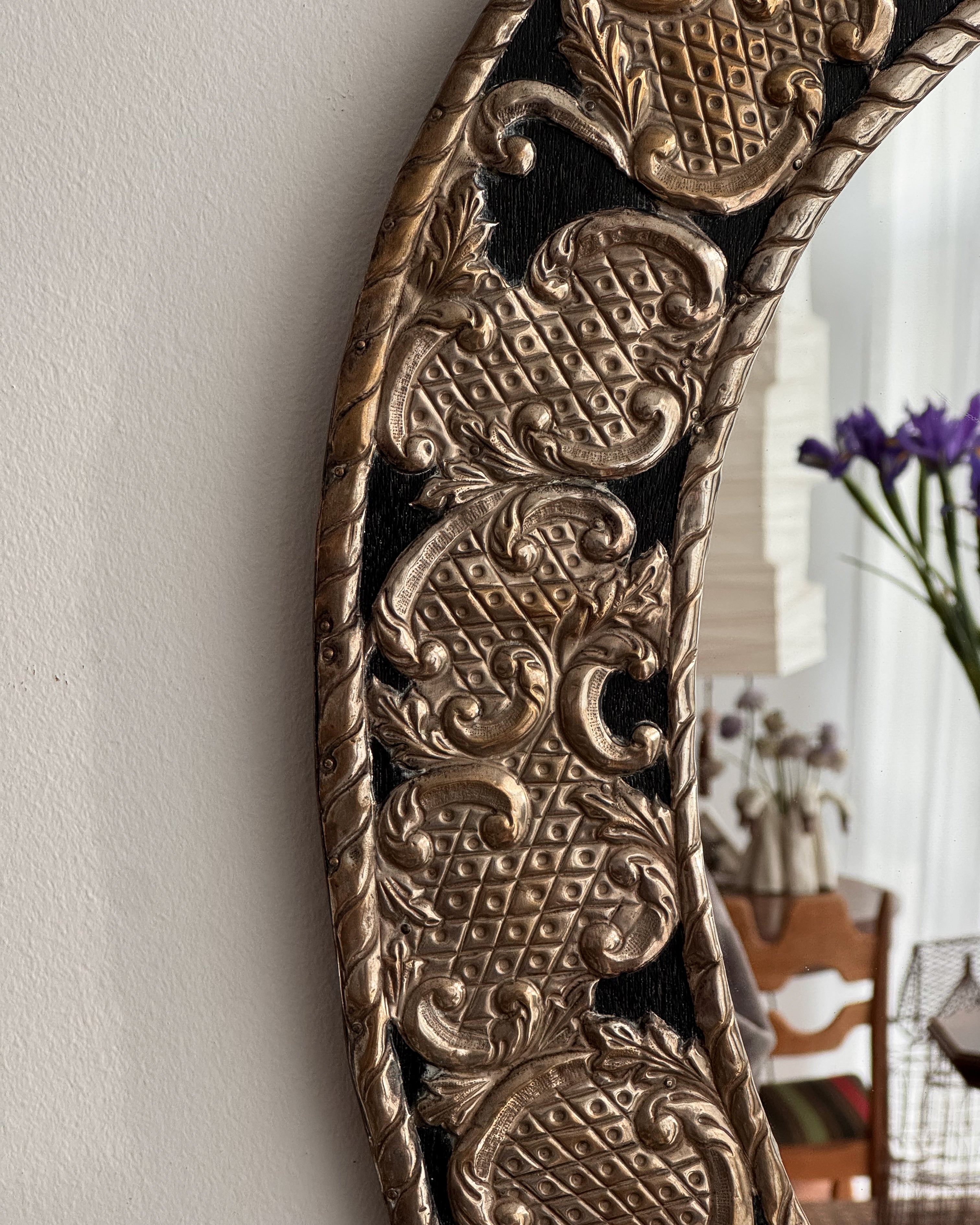 Punched tin wooden wall mirror