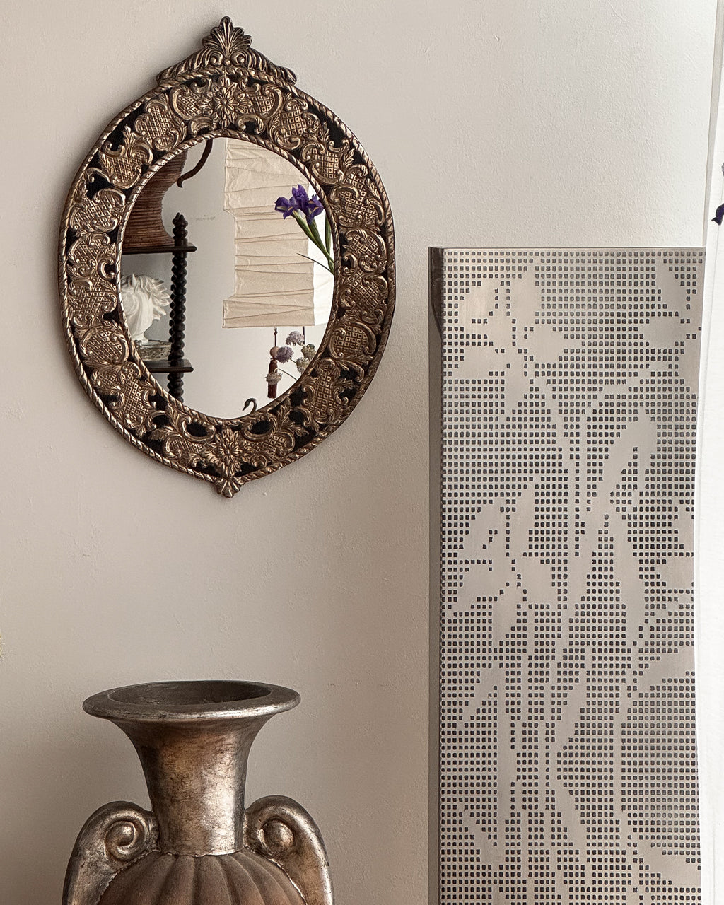 Punched tin wooden wall mirror