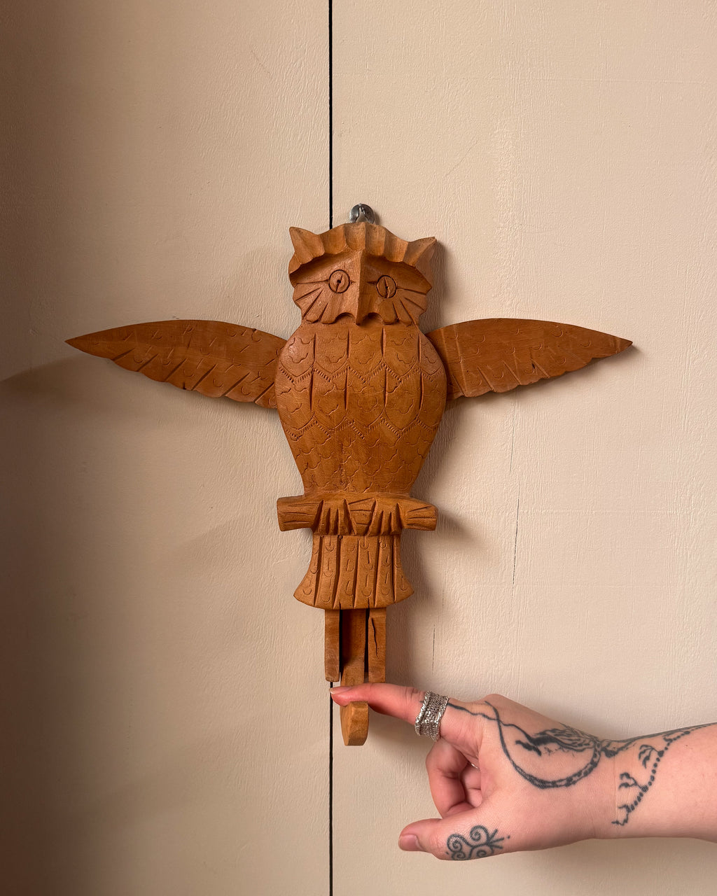 Carved wooden owl folk art wall hook