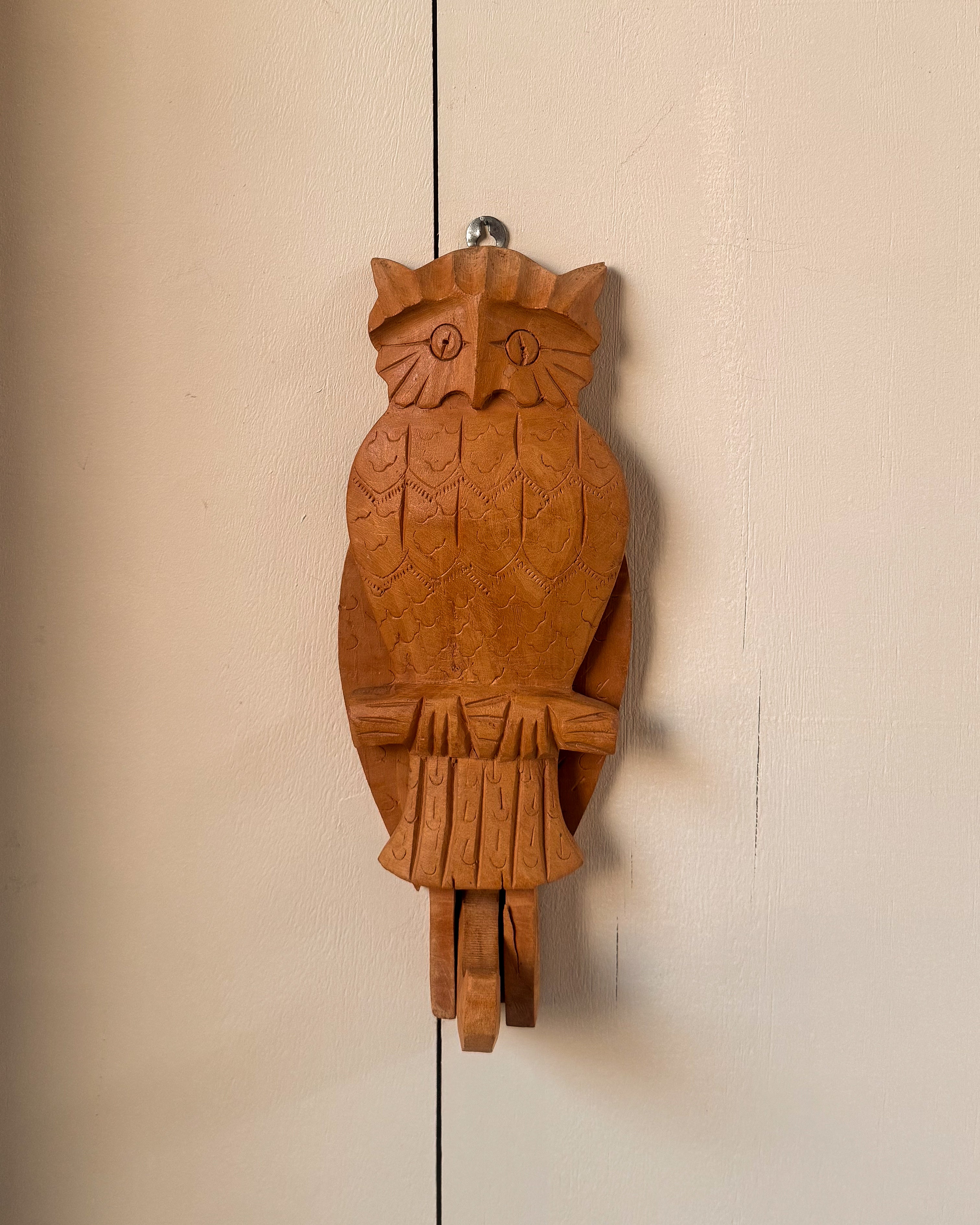 Carved wooden owl folk art wall hook