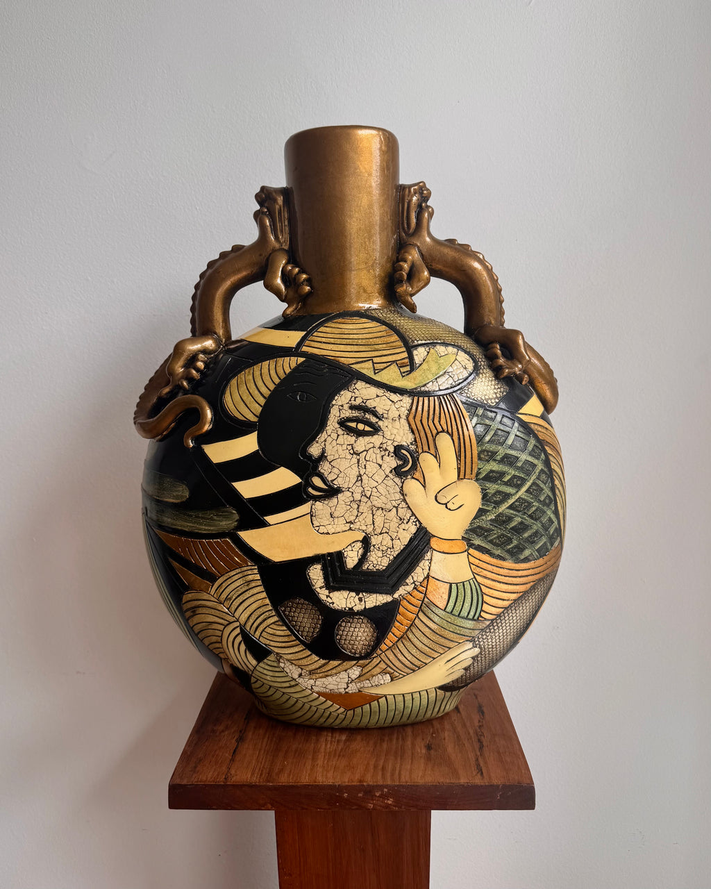 Vintage art deco picasso ceramic vase with dragon handles likely by Alexander Kalifano