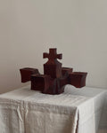 Brutalist hand carved wooden candlelabra with cross