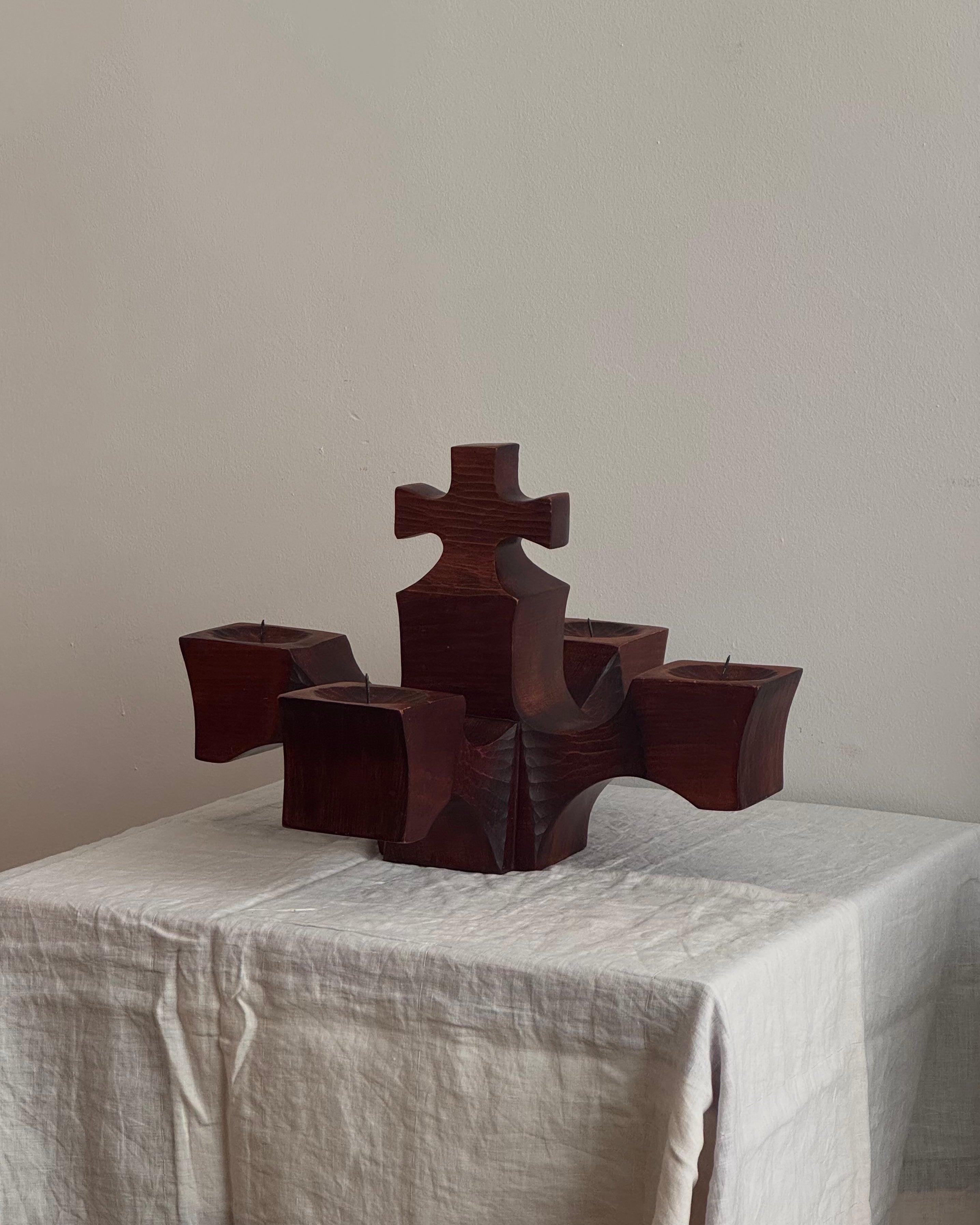 Brutalist hand carved wooden candlelabra with cross