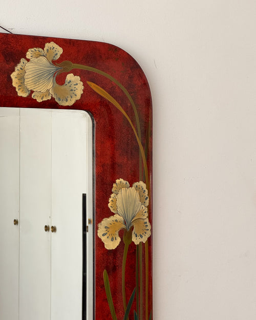 Laquered wooden mirror with hand-painted white irises in an art nouveau style + International shipping