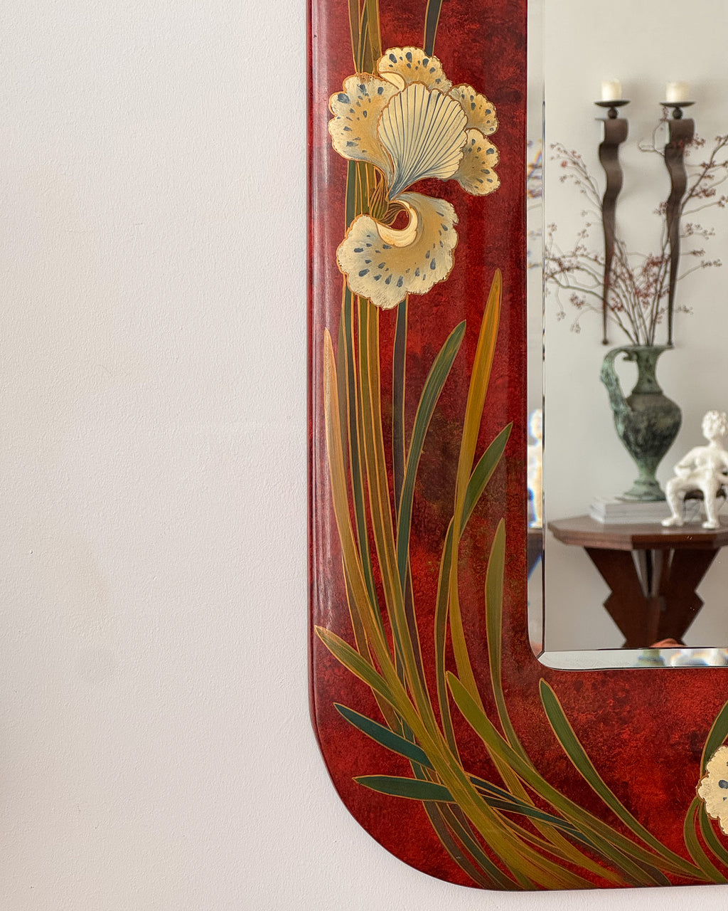 Laquered wooden mirror with hand-painted white irises in an art nouveau style + International shipping