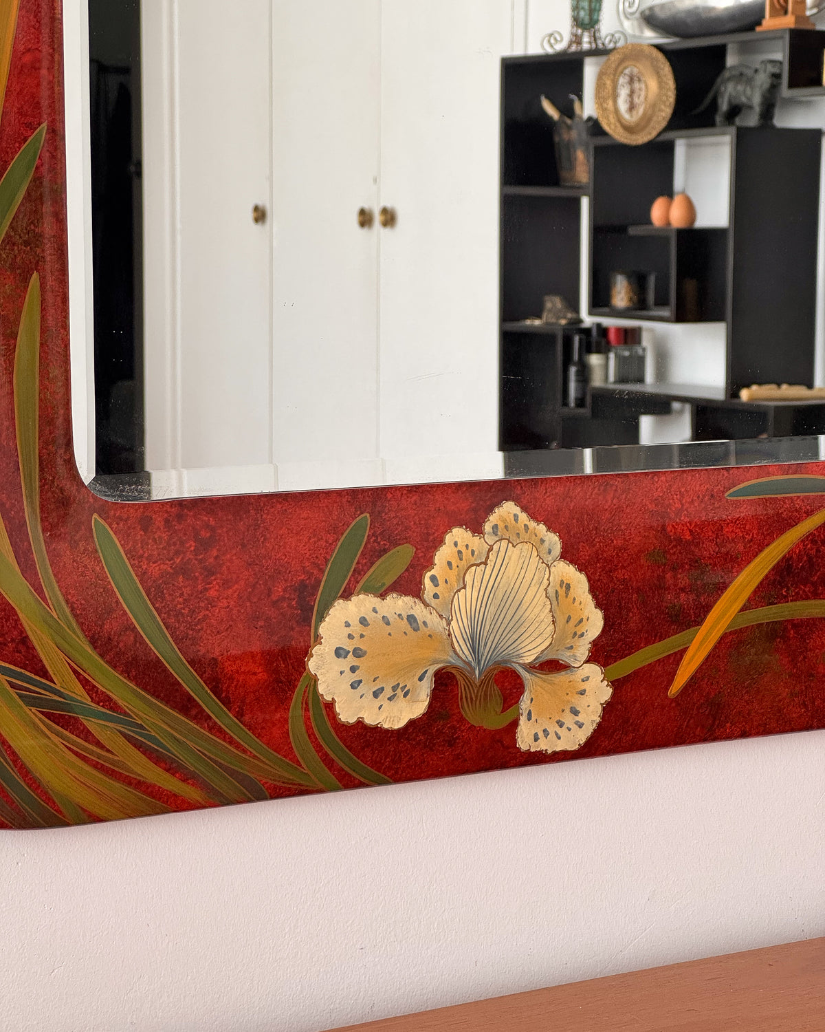 Laquered wooden mirror with hand-painted white irises in an art nouveau style + International shipping
