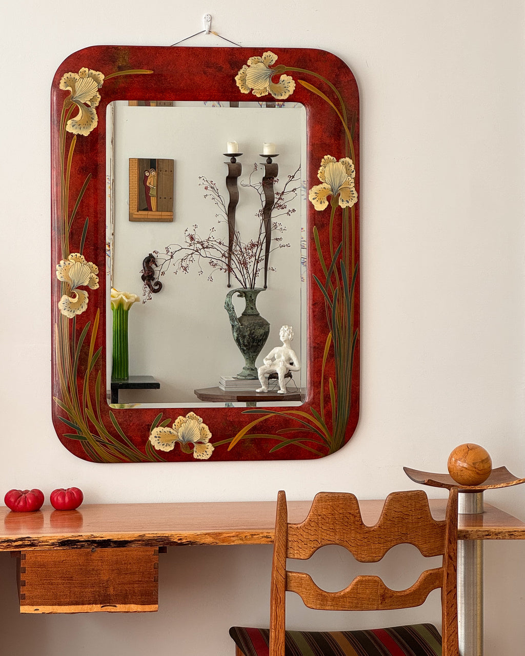 Laquered wooden mirror with hand-painted white irises in an art nouveau style + International shipping