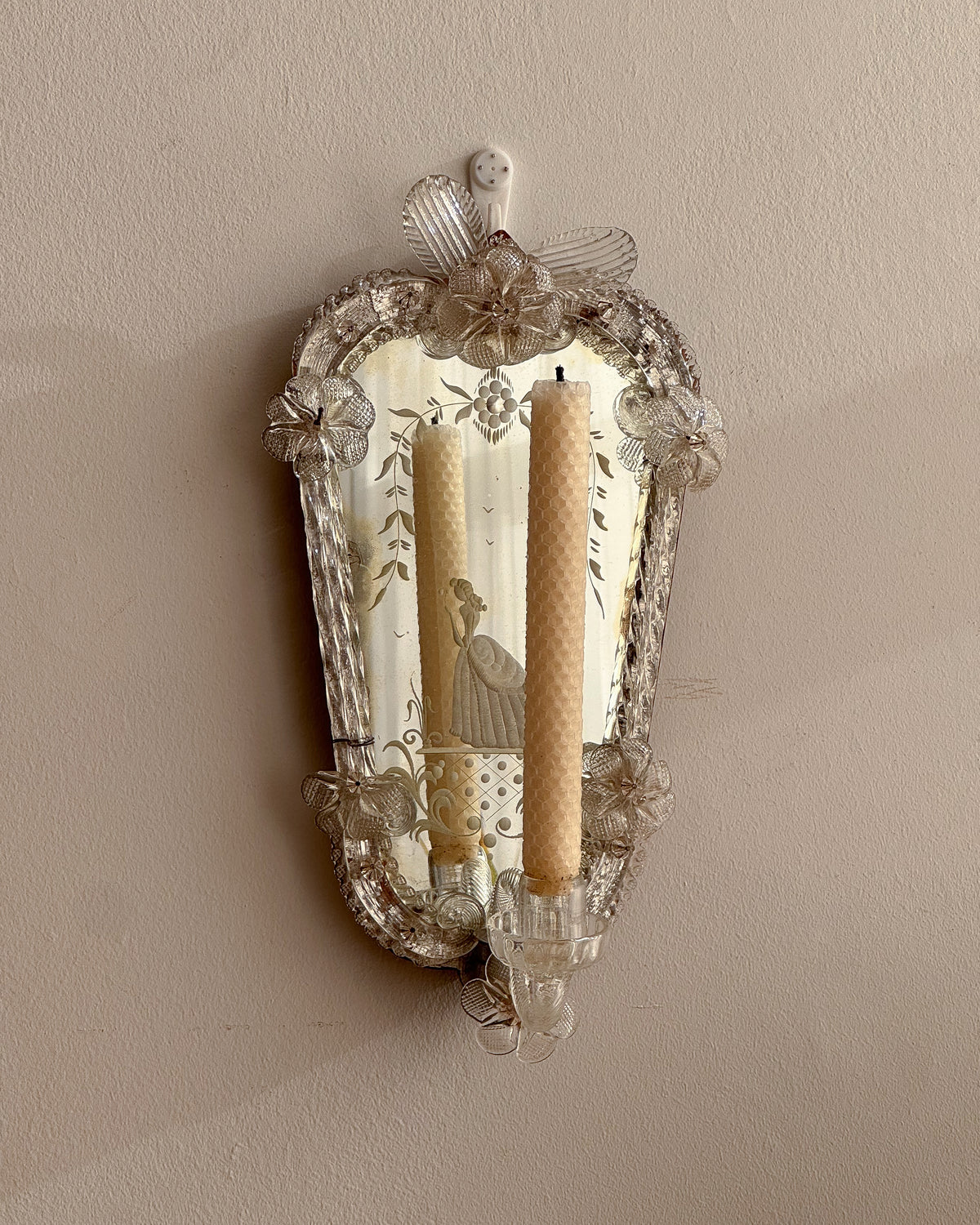 c1940s Murano Venetian wall sconce candle holder mirror with engravings of a lady amongst flowers