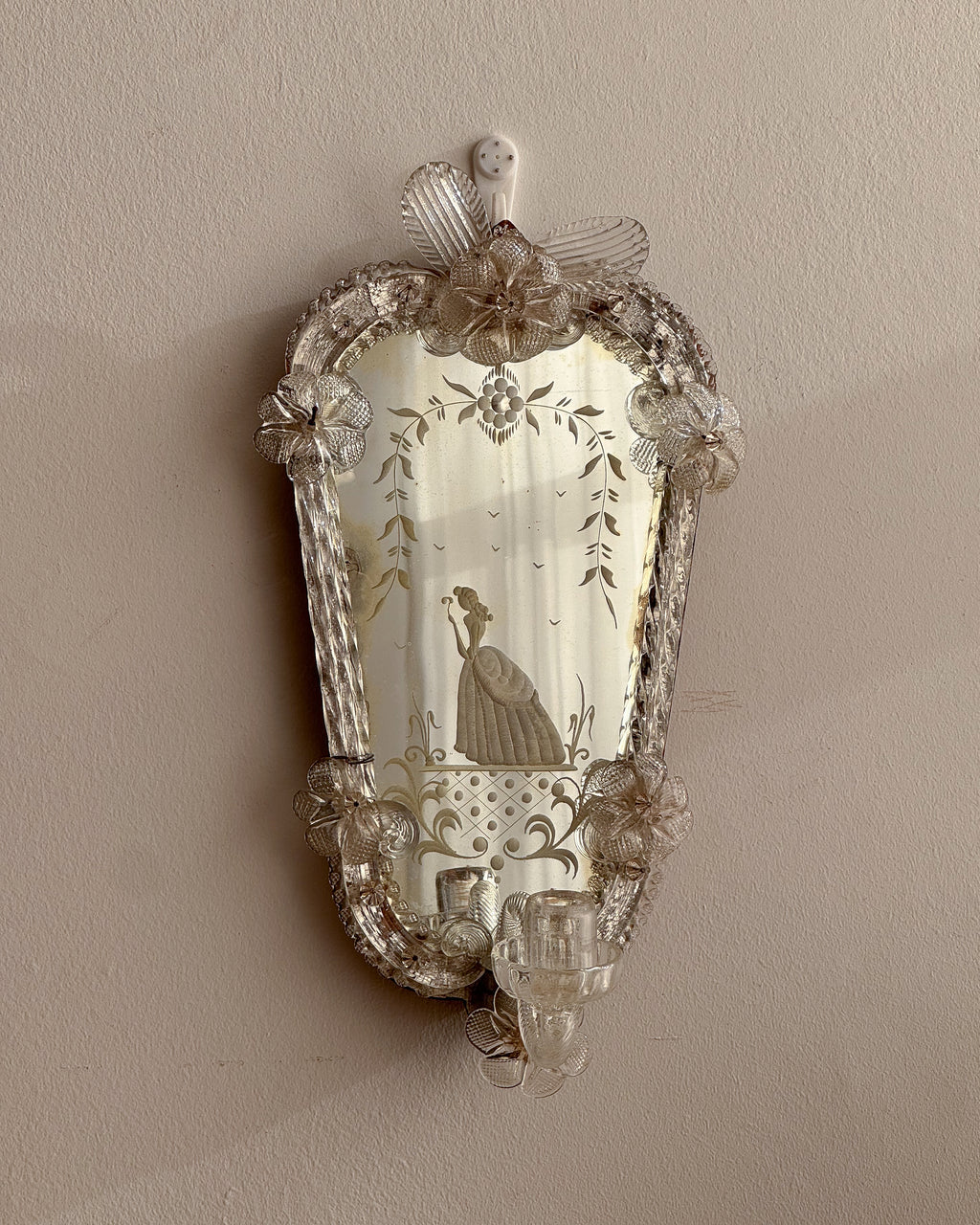 c1940s Murano Venetian wall sconce candle holder mirror with engravings of a lady amongst flowers