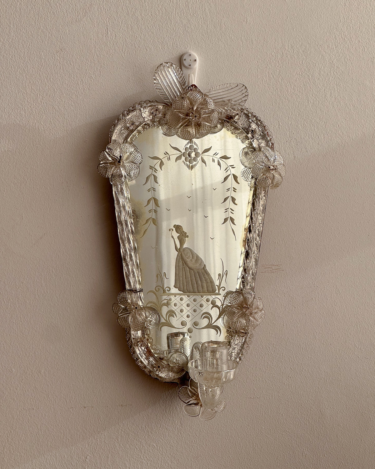 c1940s Murano Venetian wall sconce candle holder mirror with engravings of a lady amongst flowers