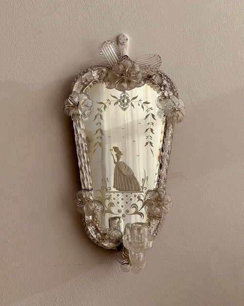 c1940s Murano Venetian wall sconce candle holder mirror with engravings of a lady amongst flowers