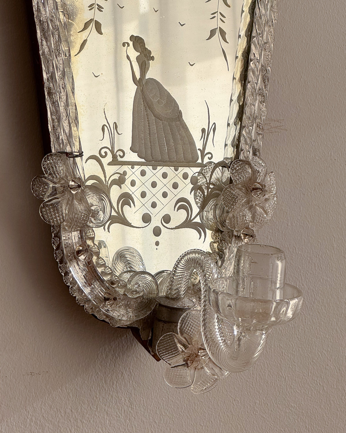 c1940s Murano Venetian wall sconce candle holder mirror with engravings of a lady amongst flowers