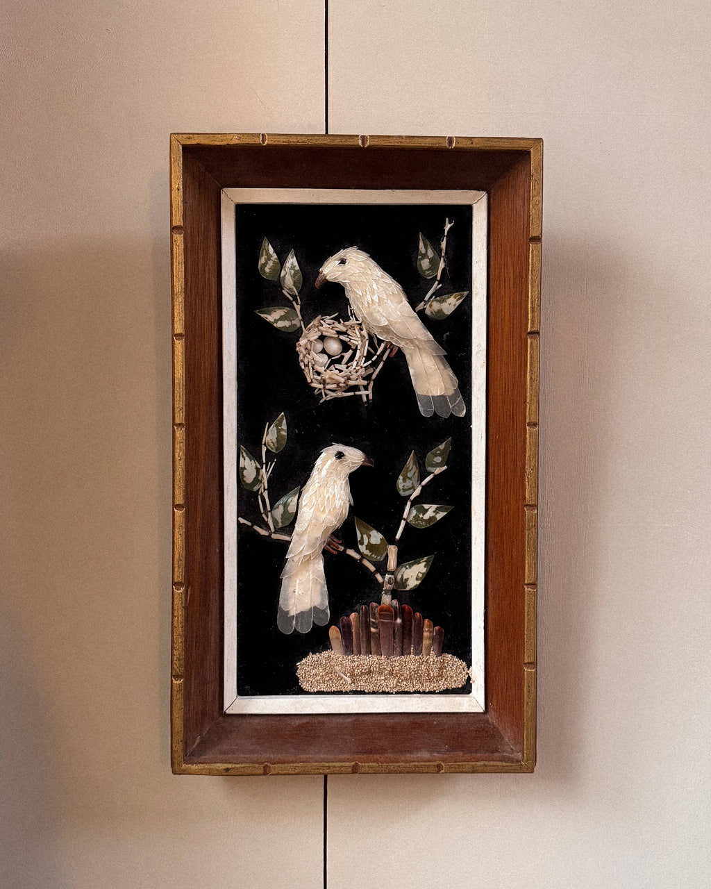 Shell bird art in wooden frame