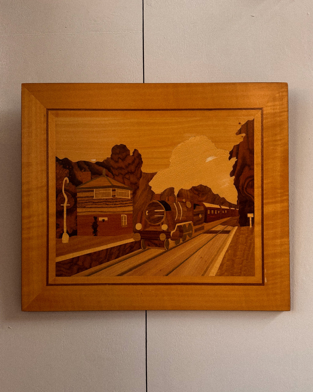 Train station wood marquetry wall hanging