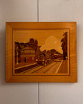 Train station wood marquetry wall hanging