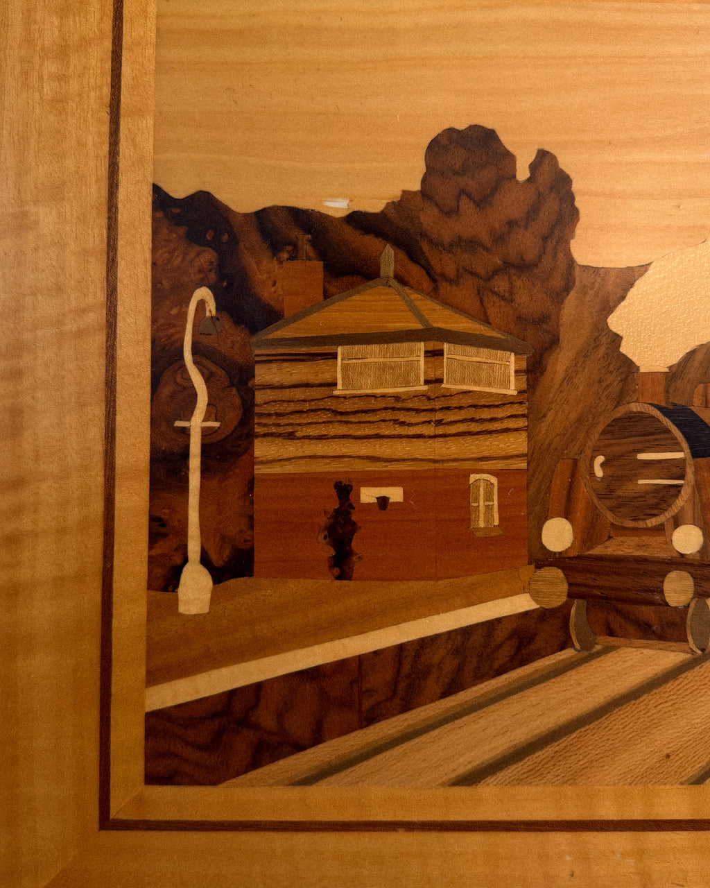 Train station wood marquetry wall hanging