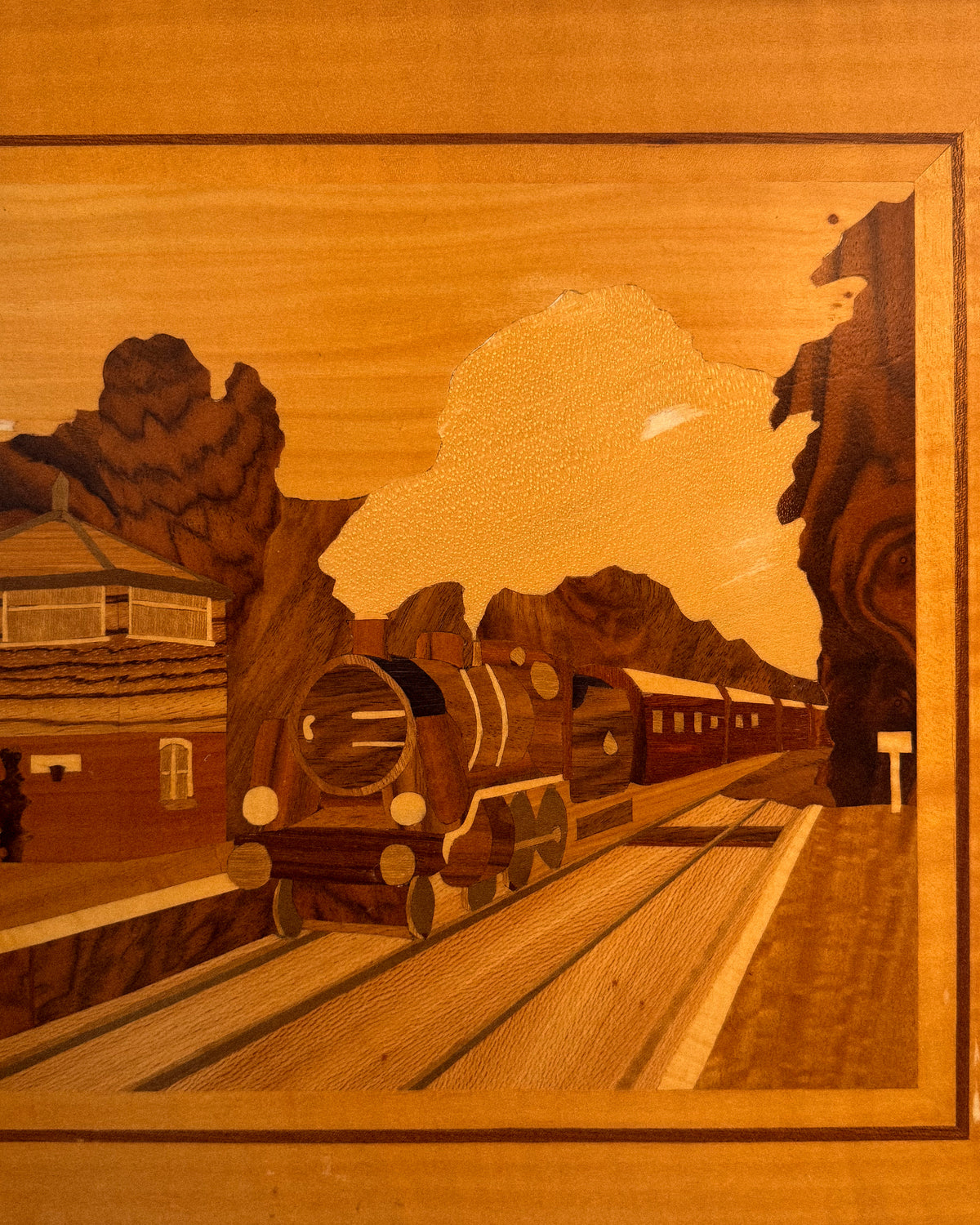 Train station wood marquetry wall hanging