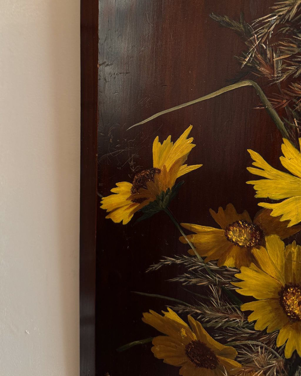 Floral painting on bevelled wood panel wall hanging (1 of 2)