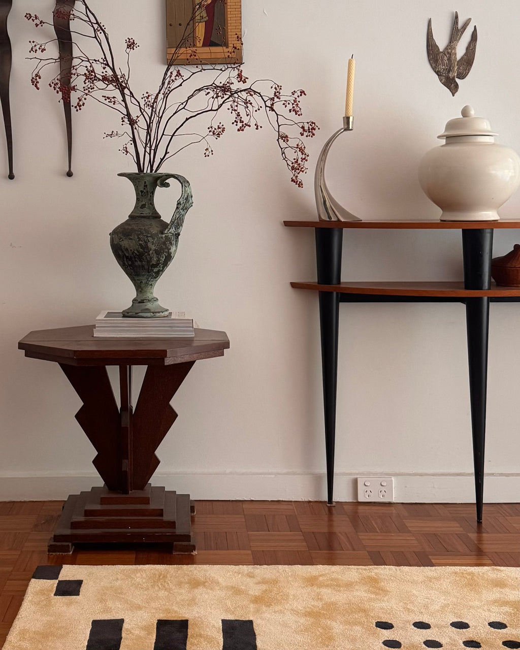 Australian demi lune silky oak console with tapered black legs