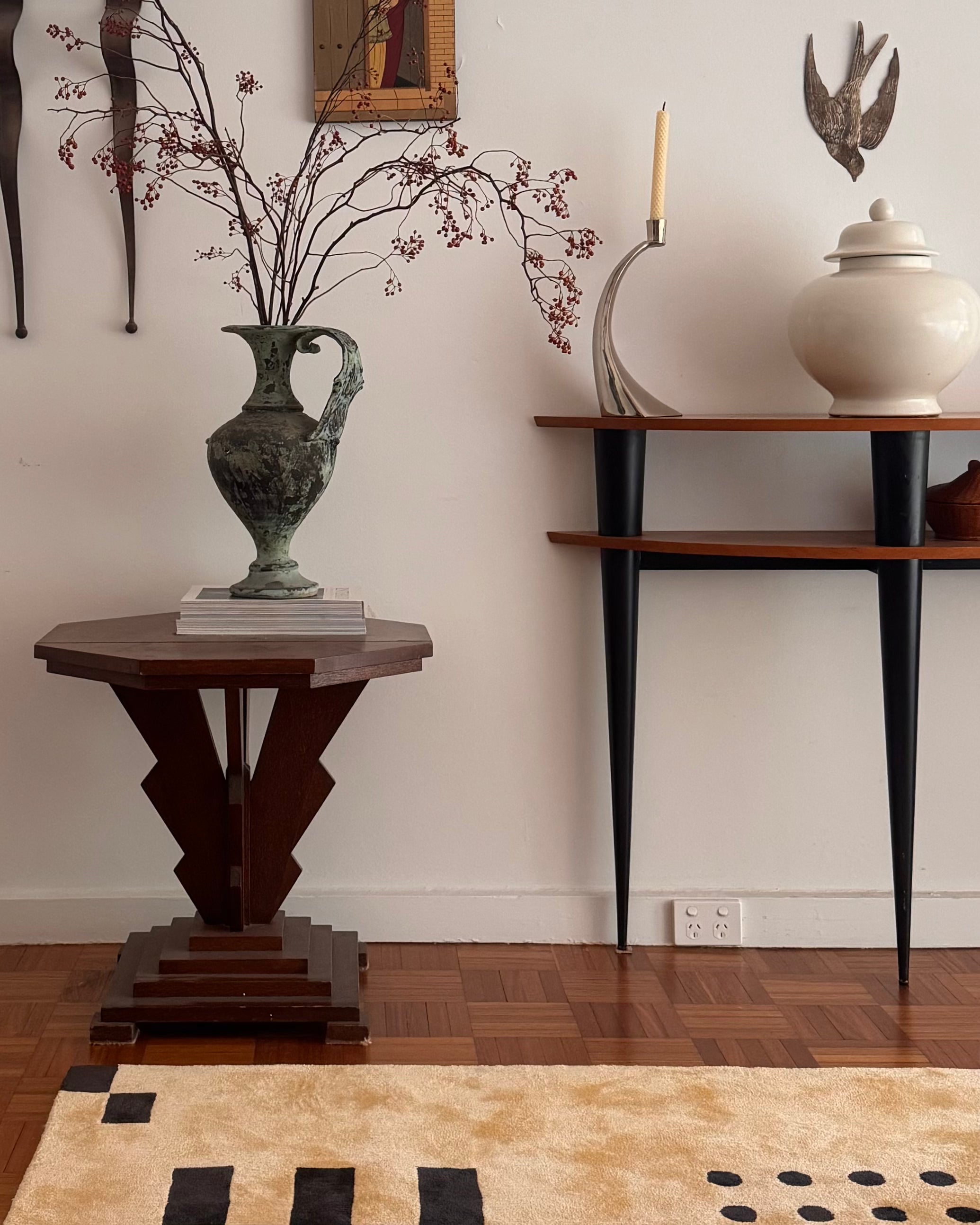 Australian demi lune silky oak console with tapered black legs
