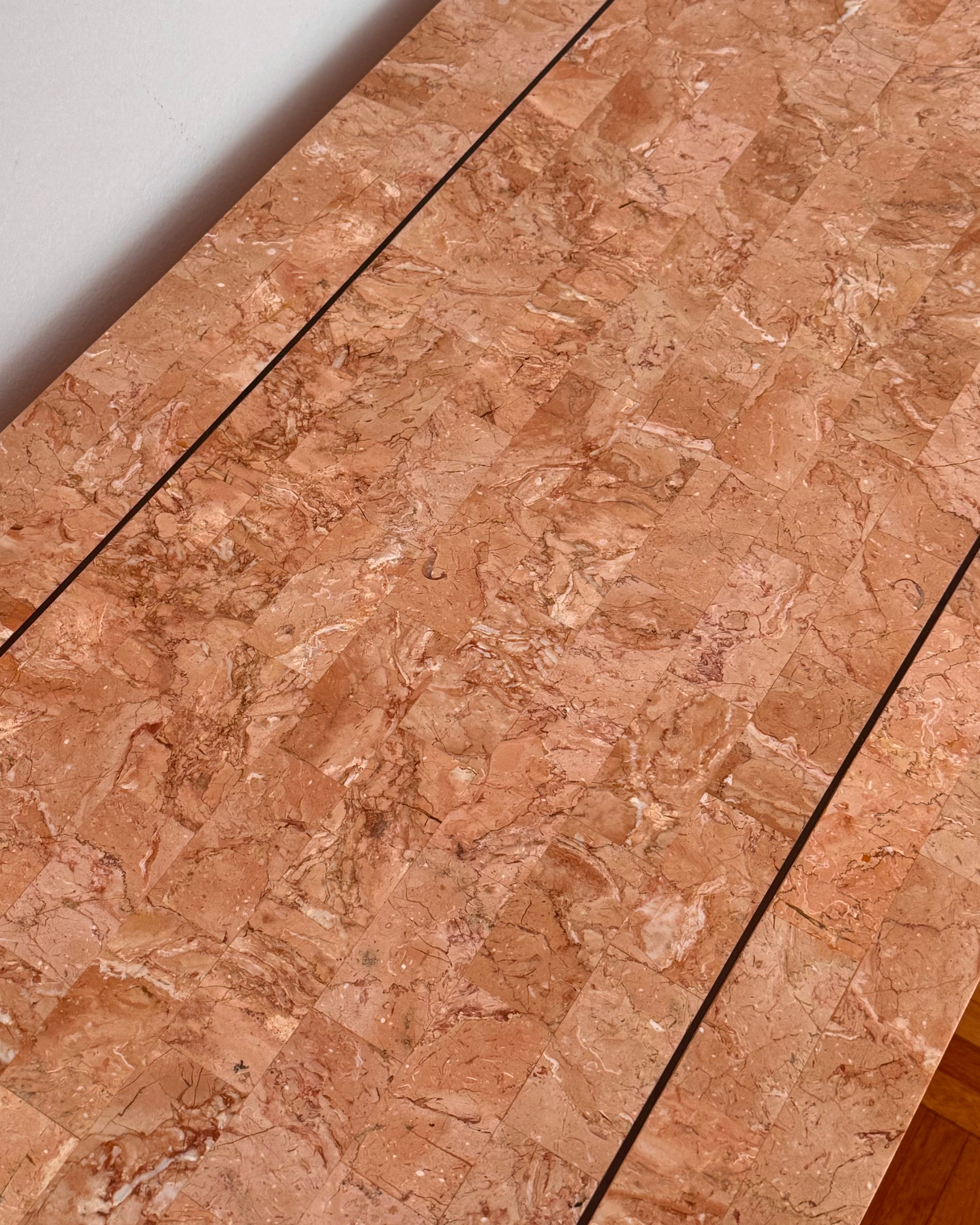 Maitland Smith 1980s tessalated marble in pinkish hue console/desk table with bronze details