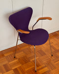 Arne Jacobsen Syver chair in original purple wool upholstery and wooden armrests on chrome frame