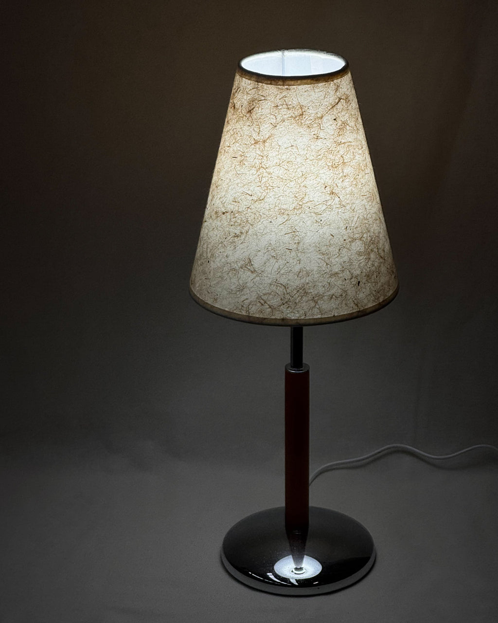 Mid century table lamp with rice paper lampshade and wooden chrome body