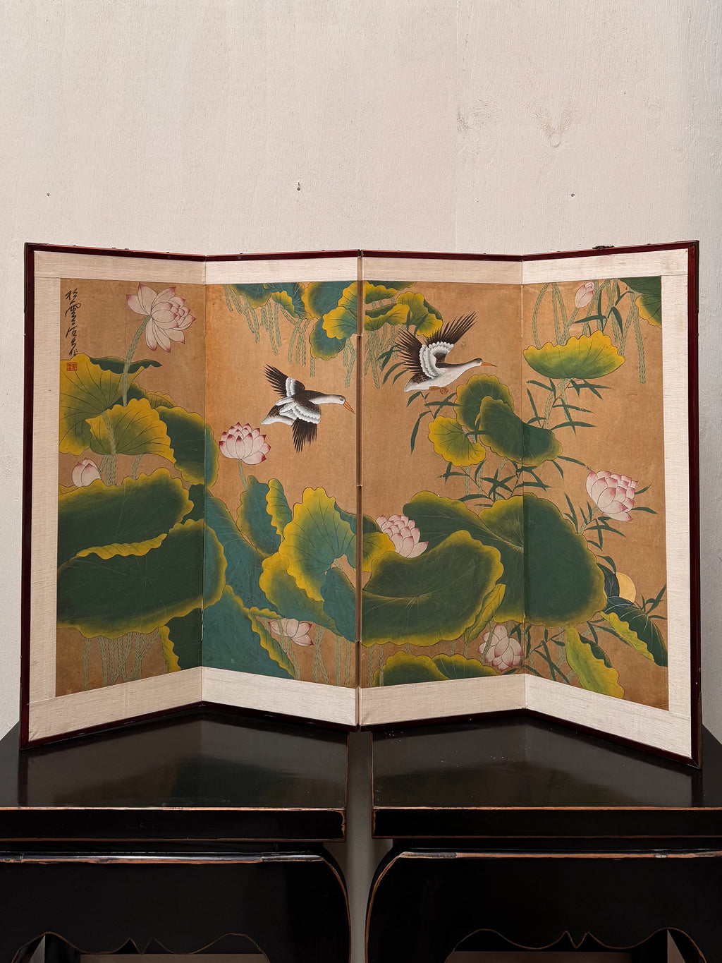 Japanese hand painted four panel folding screen wall hanging