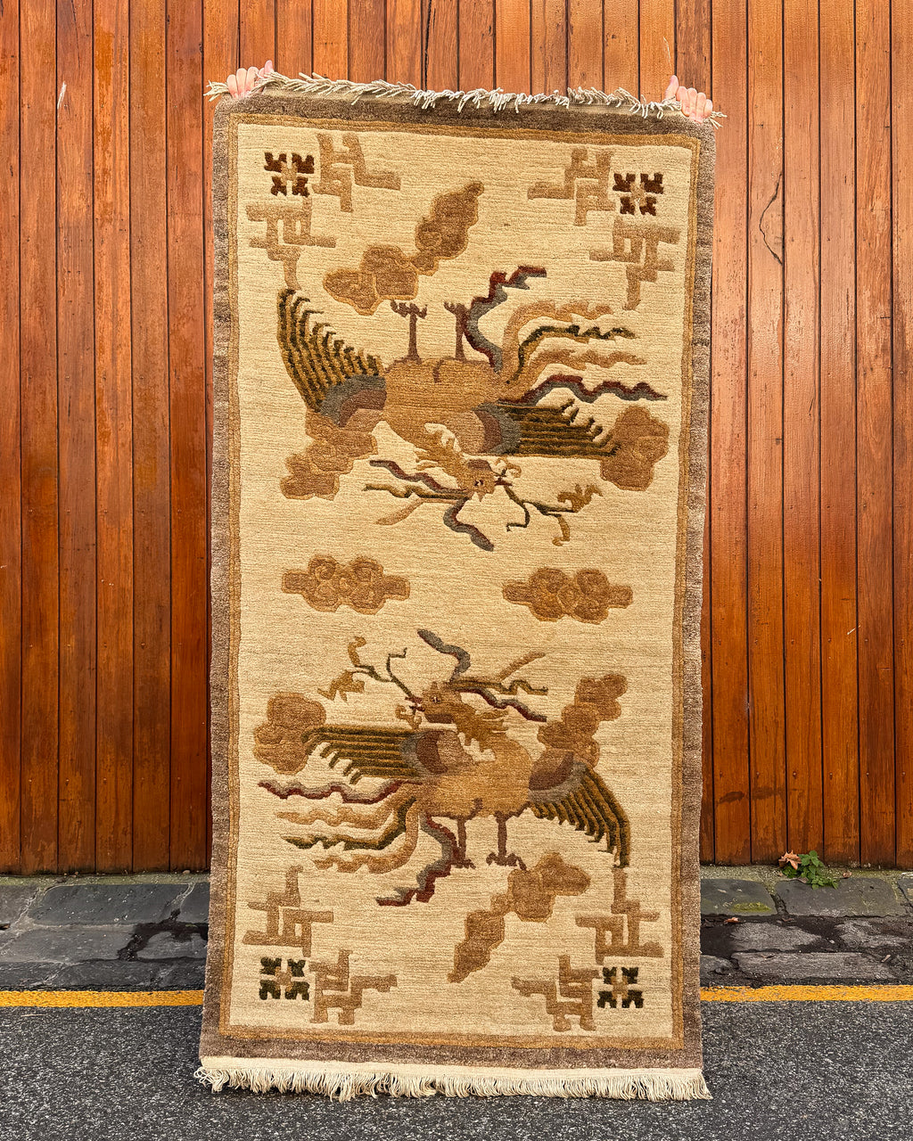 20th century tibetan 100% wool rug depicting two phoenix in the clouds