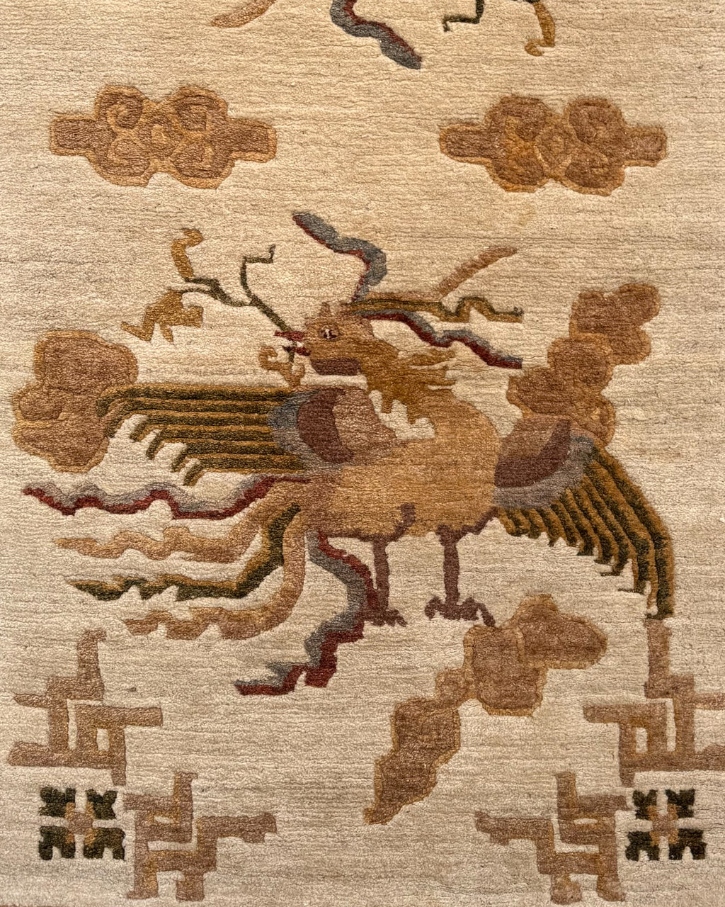 20th century tibetan 100% wool rug depicting two phoenix in the clouds