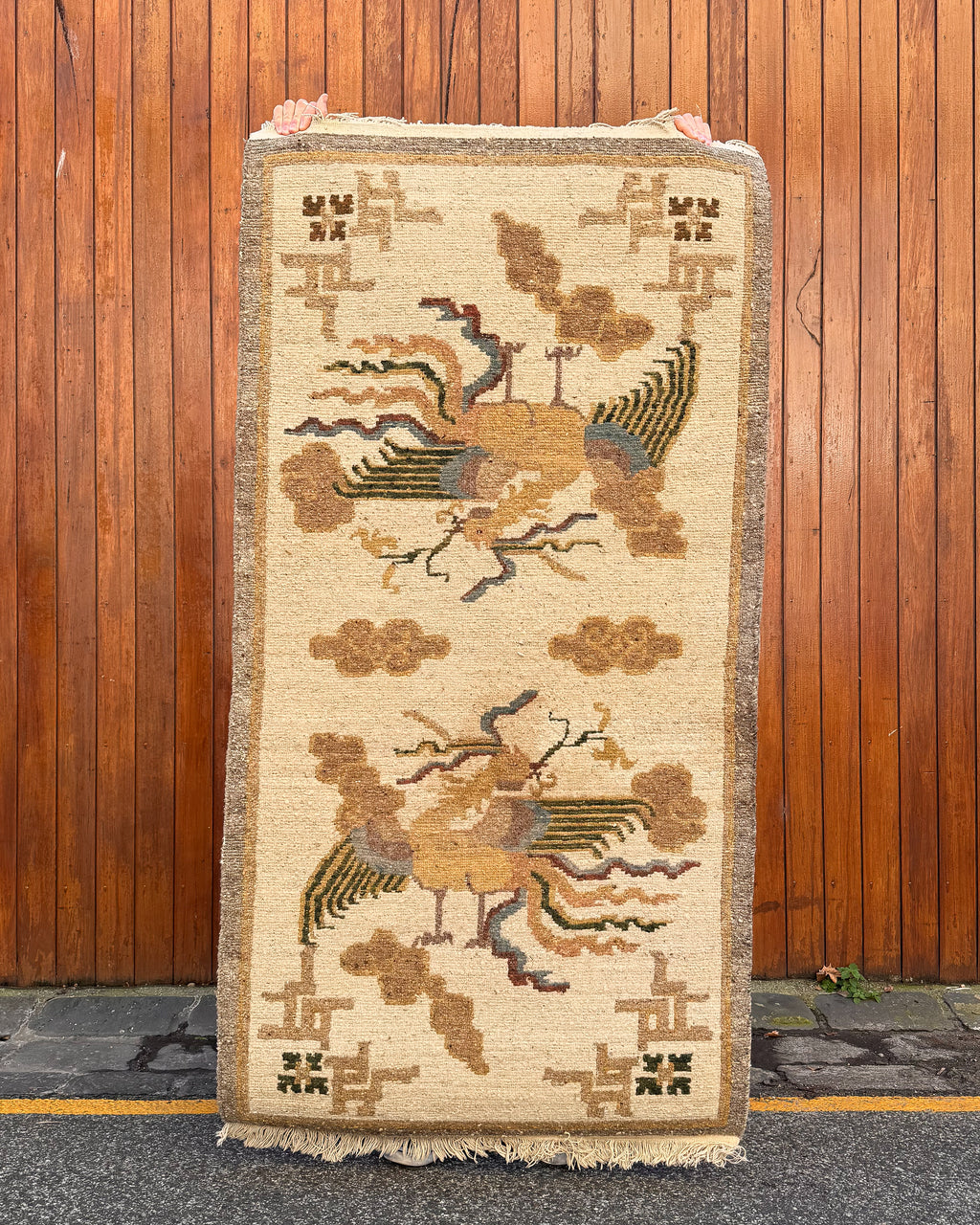 20th century tibetan 100% wool rug depicting two phoenix in the clouds