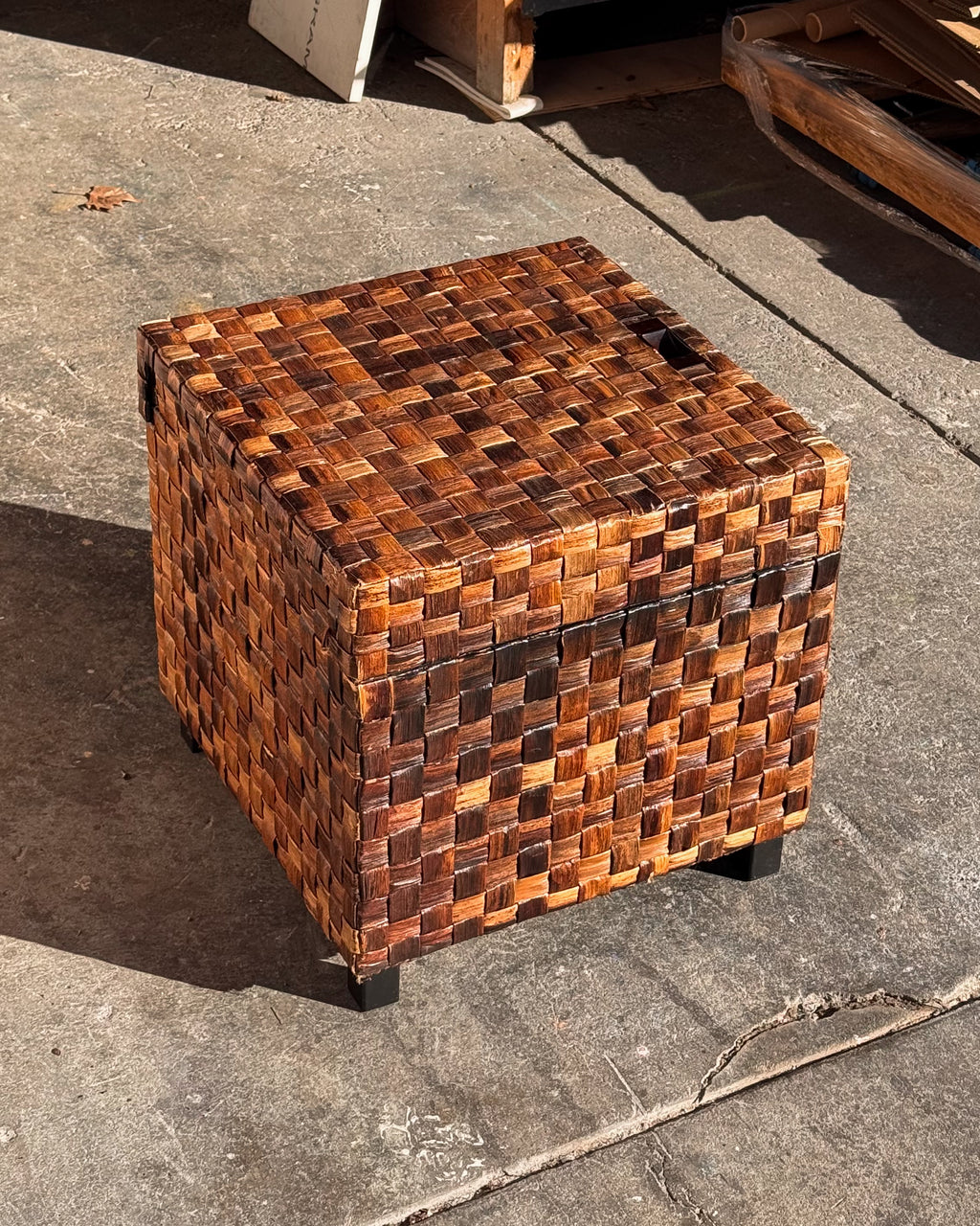 Woven wicker side table with storage