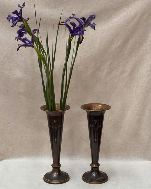 Pair of English Art Nouveau solid brass vases