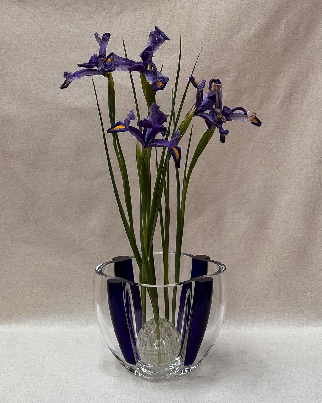 Sasaki art glass bowl vase with cobalt edges