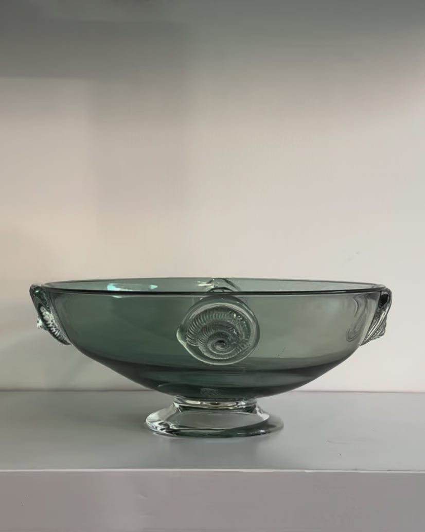 Art glass bowl with shells and etchings of jellyfish, Made by Adelaide based glass blower Meg Caslake